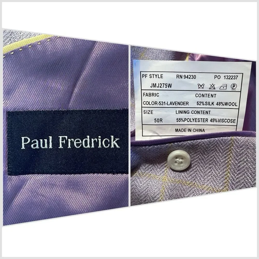 Paul Fredrick Blazer 50R Purple Lavender Camel Gold Plaid Herringbone Silk Wool